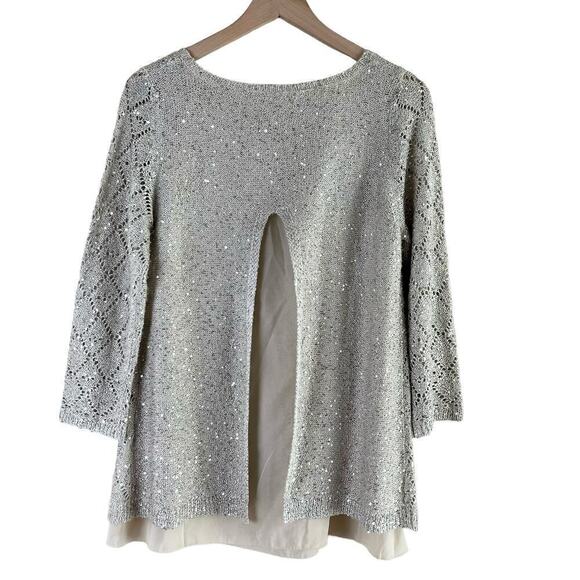 Boston Proper Sequin Embellished Open Knit Sweater Chiffon Lining in Cream, Sz M - Picture 8 of 11